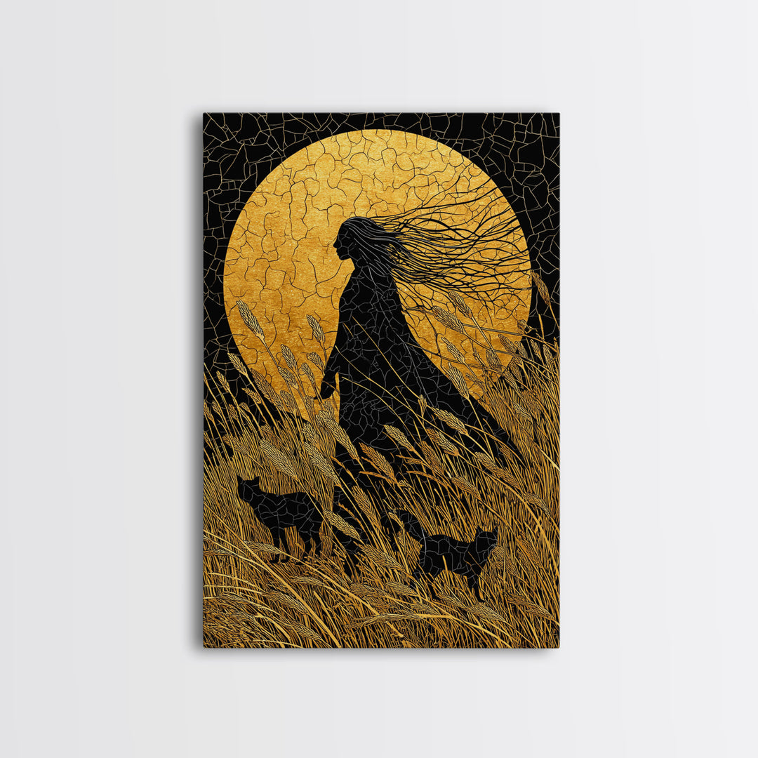 Frigg Norse Goddess Canvas Gold Art Canvas Art, Nordic Wall Decor framed in natural wood, Viking Mythology Wall Art for Office or Gift