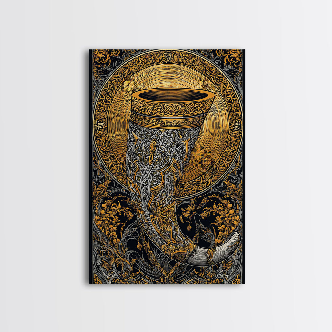 Viking Drinking Horn Wall Decor Gjallarhorn Canvas Gold Art Canvas Art Nordic Mythology Office Wall Art framed in natural wood