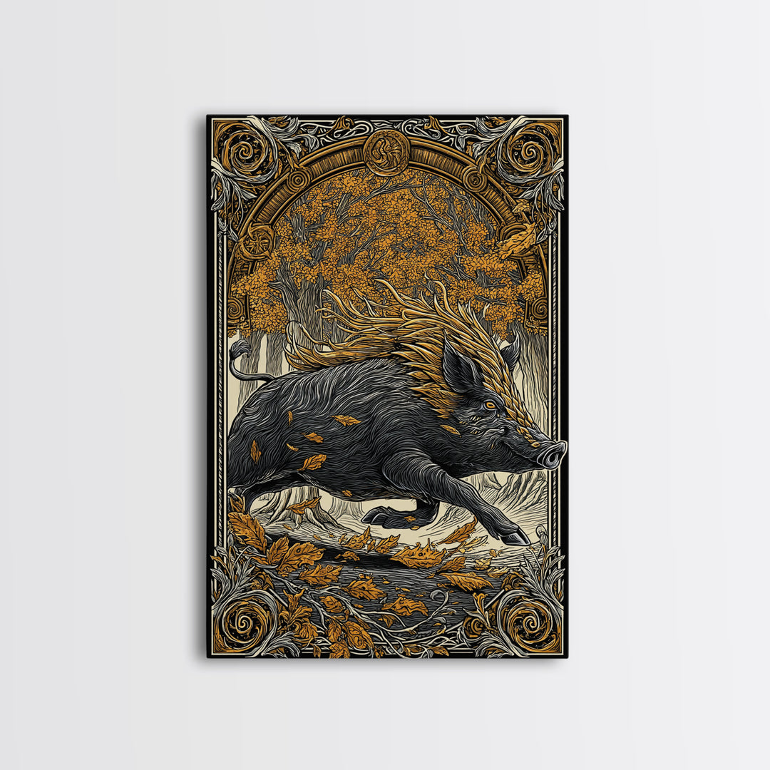Norse Boar Gullinbursti Canvas Gold Art Canvas Art Viking Wall Decor Nordic Mythology Gift Dad Office Art framed in solid wood