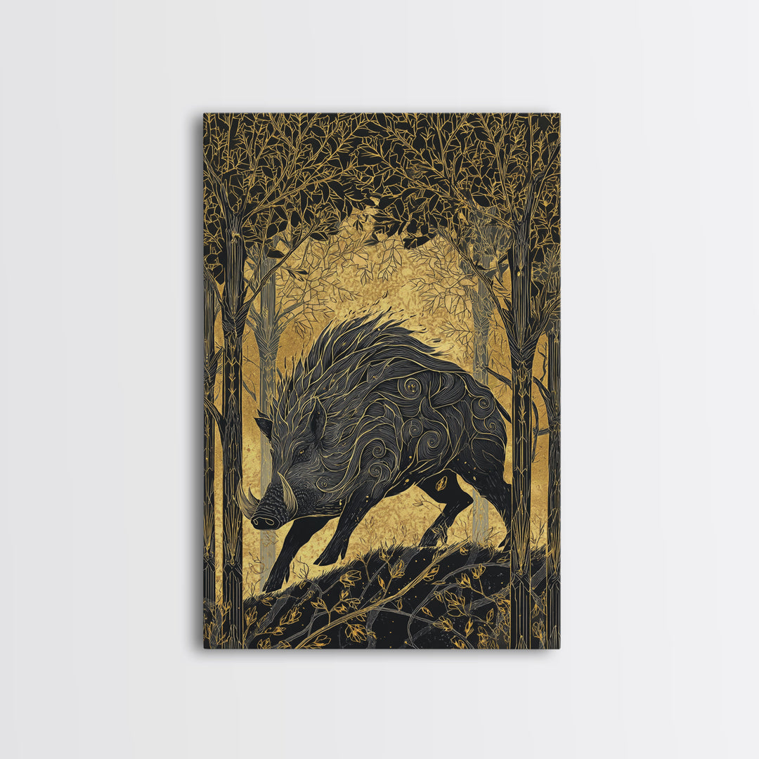 Gullinbursti Boar Norse Mythology Print Canvas Gold Art Canvas Art Nordic Wall Decor Viking Man Cave Art with real wood frame