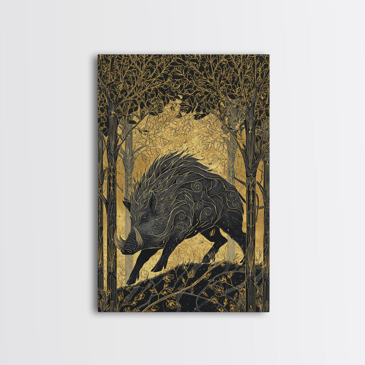 Gullinbursti Boar Norse Mythology Print Canvas Gold Art Canvas Art Nordic Wall Decor Viking Man Cave Art with real wood frame
