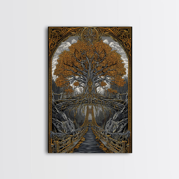 Nordic Helheim Bridge Mythology Print Canvas Gold Art Canvas Art Viking Wall Decor for Men Office or Dad Gift framed in wood