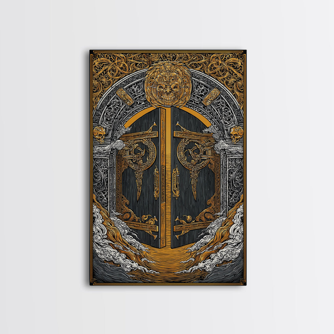 Helheim Norse Realm of the Dead Canvas Gold Art Canvas Art Viking Mythology Wall Art Office Decor Man Cave framed in wood trim
