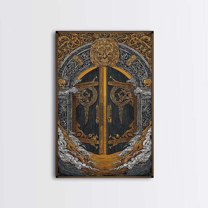 Helheim Norse Realm of the Dead Canvas Gold Art Canvas Art Viking Mythology Wall Art Office Decor Man Cave framed in wood trim