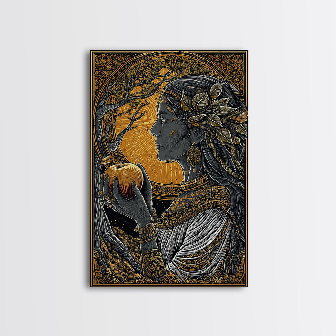 Idunn Goddess of Youth Norse Mythology Canvas Gold Art Canvas Art Nordic Wall Decor Office Art Dad Gift framed in natural wood