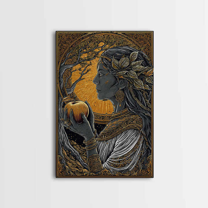 Idunn Goddess of Youth Norse Mythology Canvas Gold Art Canvas Art Nordic Wall Decor Office Art Dad Gift framed in natural wood