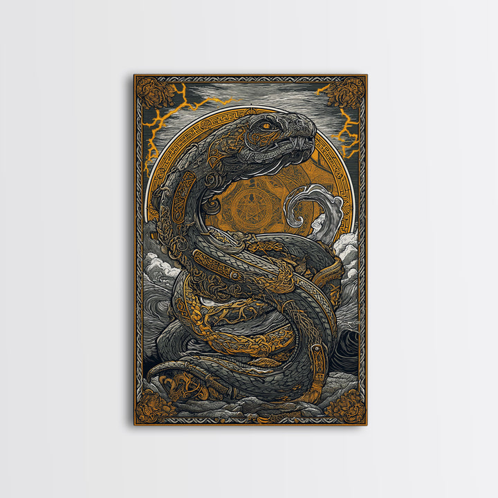 Norse Jrmungandr Canvas Gold Art Canvas Art | Viking Serpent Wall Decor | Mythology Office Art framed in natural wood
