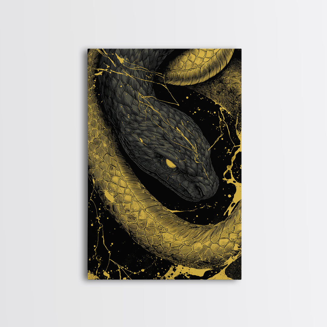 Canvas Gold Art Jrmungandr Midgard Serpent Canvas Art | Norse Wall Decor | Viking Office Art with real wood frame