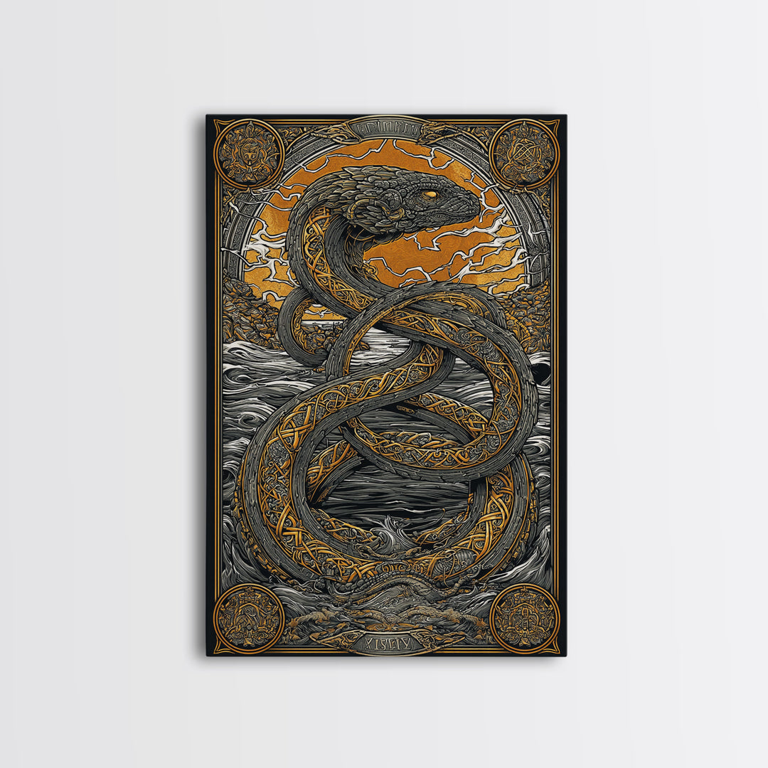 Nordic Mythology Jrmungandr Serpent Canvas Gold Art Canvas Art | Viking Decor | Man Cave Gift framed in rustic wood