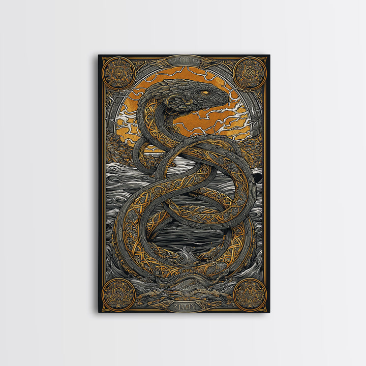 Nordic Mythology Jrmungandr Serpent Canvas Gold Art Canvas Art | Viking Decor | Man Cave Gift framed in rustic wood