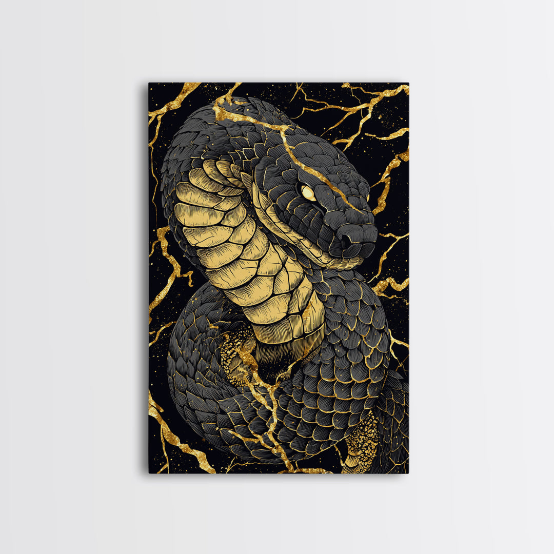 Jormungandr Midgard Serpent Canvas Gold Art Canvas Art Viking Mythology Wall Decor Nordic Office Man Cave Gift with wood frame