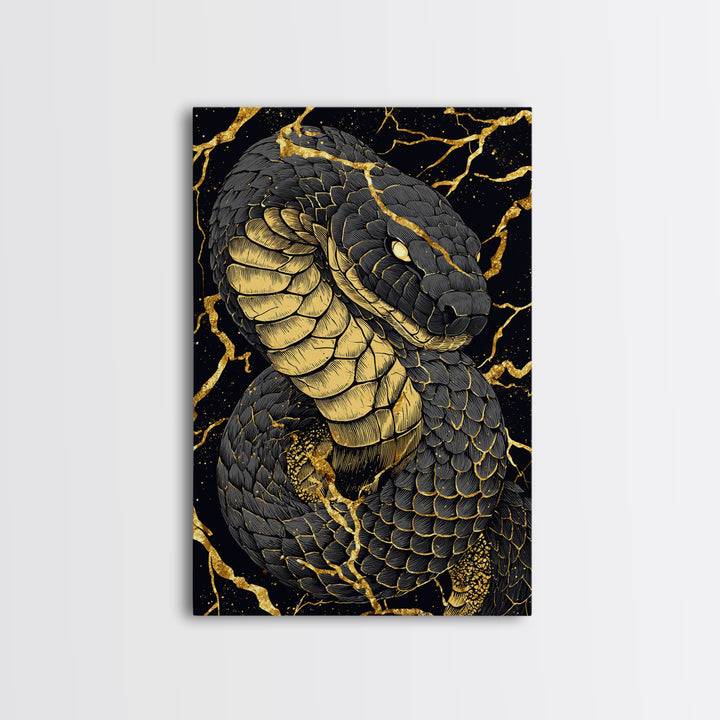 Jormungandr Midgard Serpent Canvas Gold Art Canvas Art Viking Mythology Wall Decor Nordic Office Man Cave Gift with wood frame