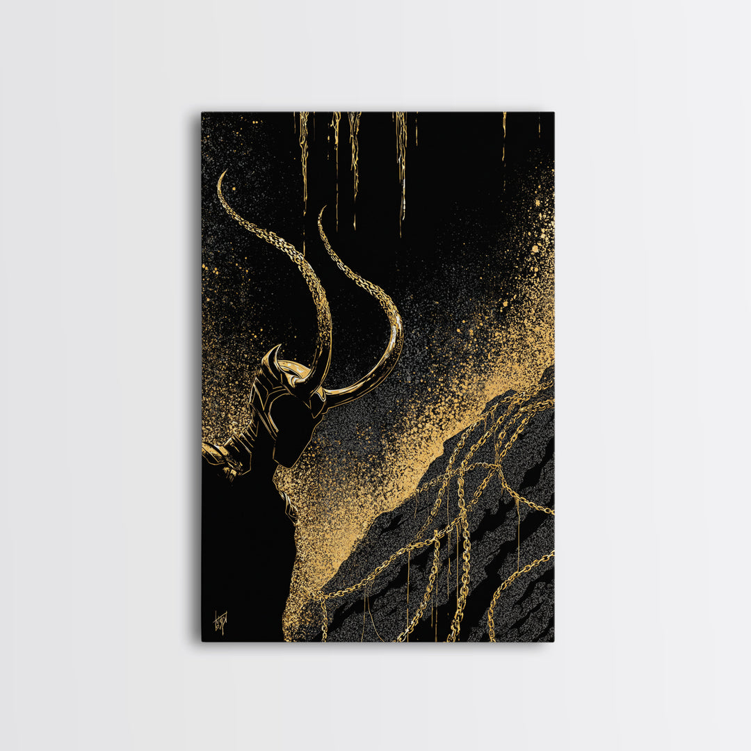 Loki Bound Canvas Gold Art Canvas Art | Norse Trickster God Wall Decor | Viking Mythology Man Cave framed in wood