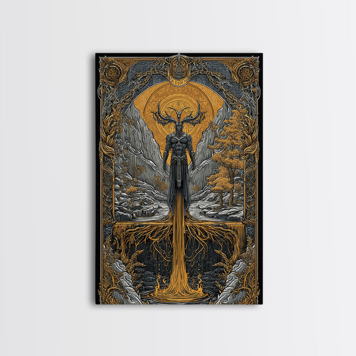 Nordic Loki Canvas Gold Art Canvas Art | Viking God of Mischief Wall Decor | Norse Office Art Gift in real wood frame