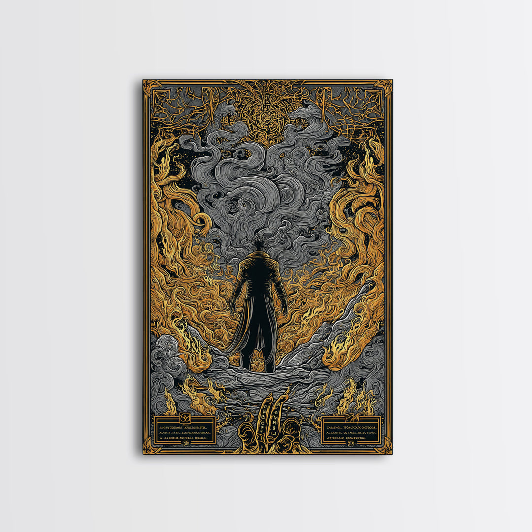 Canvas Gold Art Loki Norse God Canvas Art | Viking Wall Decor | Nordic Mythology Office Art Gift in natural wood frame