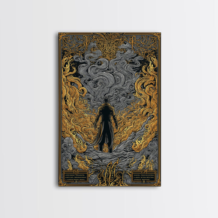 Canvas Gold Art Loki Norse God Canvas Art | Viking Wall Decor | Nordic Mythology Office Art Gift in natural wood frame