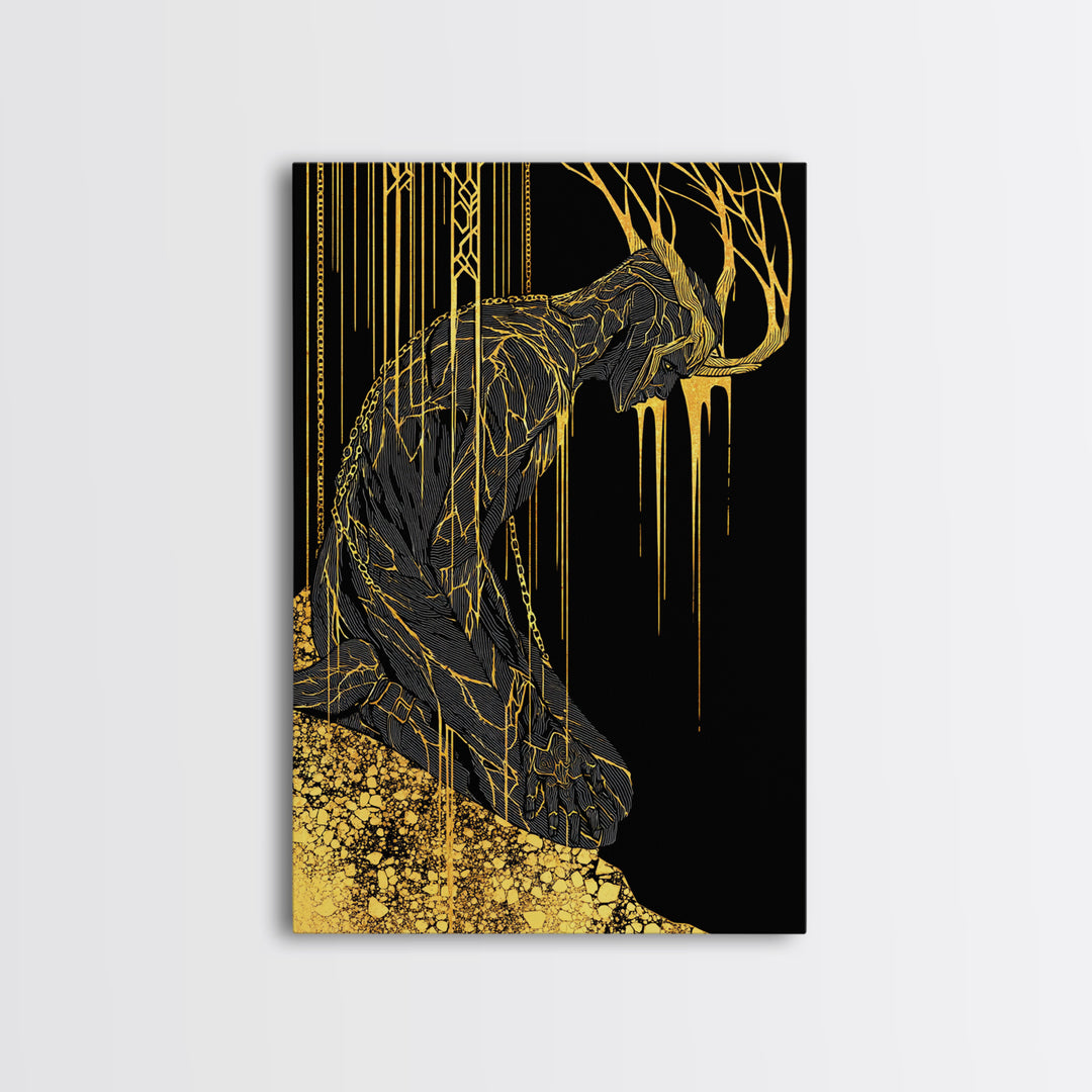 Jrmungandr World Serpent Norse Canvas Gold Art Canvas Art | Viking Mythology Wall Decor | Office Art with wood frame