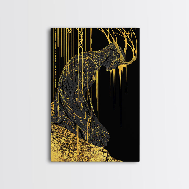 Jrmungandr World Serpent Norse Canvas Gold Art Canvas Art | Viking Mythology Wall Decor | Office Art with wood frame