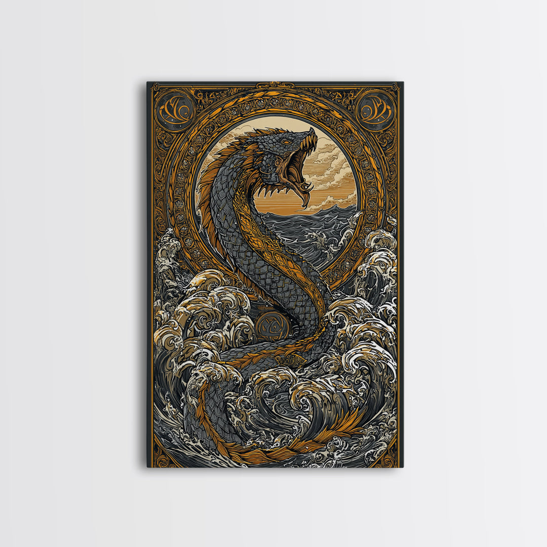 Midgard Norse Landscape Canvas Gold Art Canvas Art | Viking World Tree Inspired Decor | Mythology Office Art framed wood