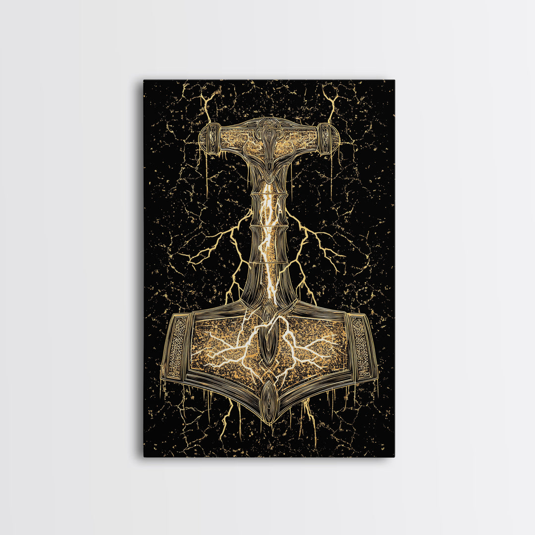 Thor’s Hammer Mjolnir Norse Mythology Canvas Gold Art, Viking Canvas Art with Lightning, framed in natural real wood for office décor