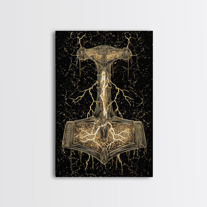 Thor’s Hammer Mjolnir Norse Mythology Canvas Gold Art, Viking Canvas Art with Lightning, framed in natural real wood for office décor