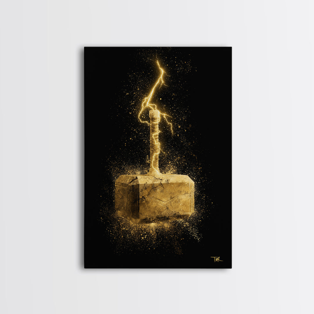 Canvas Gold Art of Thor’s Hammer Mjolnir, Norse Mythology inspired Canvas Art, Viking Man Cave wall décor with real wood framing
