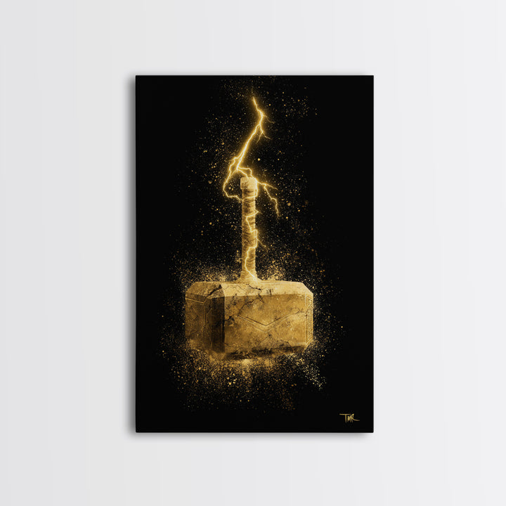 Canvas Gold Art of Thor’s Hammer Mjolnir, Norse Mythology inspired Canvas Art, Viking Man Cave wall décor with real wood framing