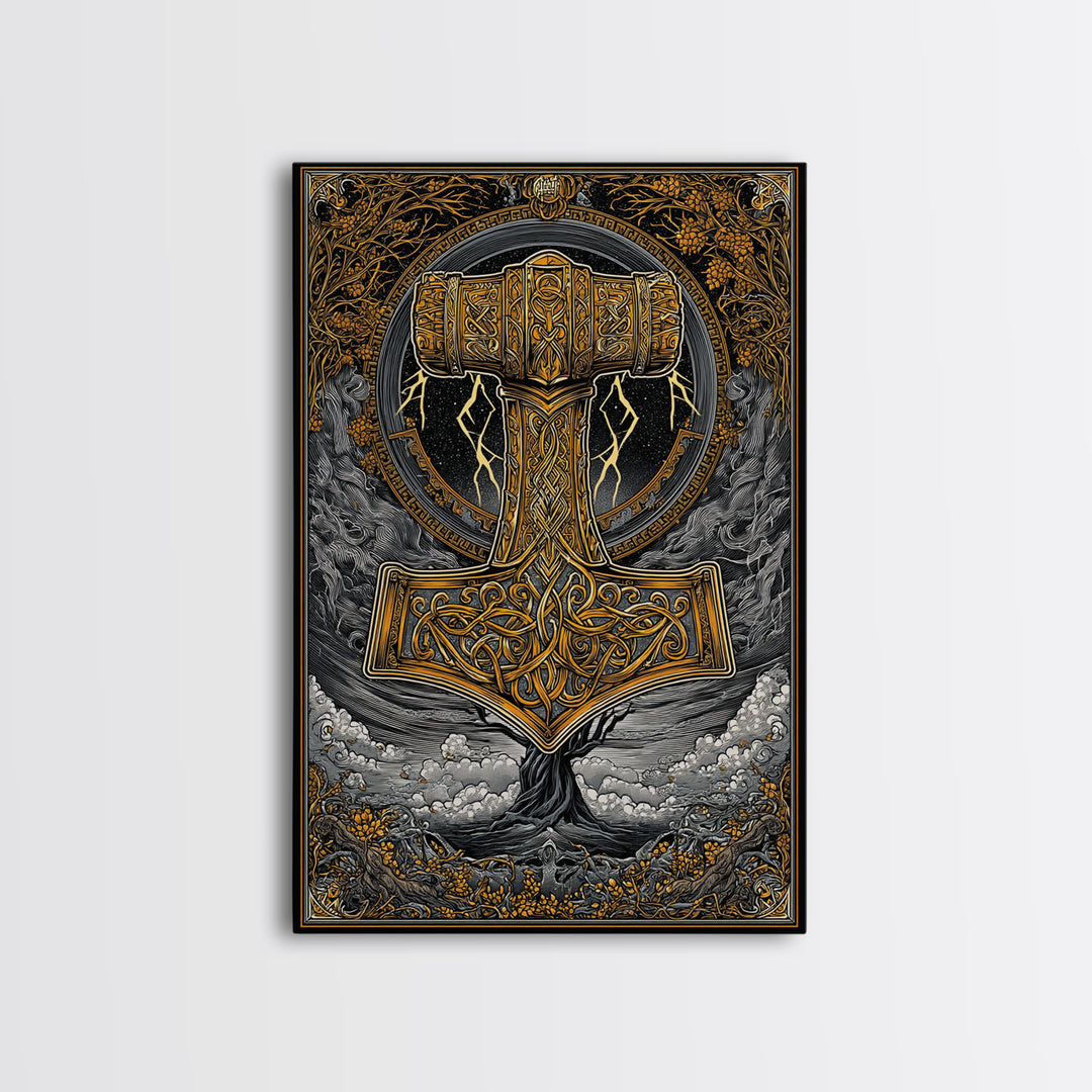 Norse Mythology Mjolnir Hammer Artwork, Canvas Gold Art and Viking Canvas Art, framed in real wood, Nordic office and dad gift décor