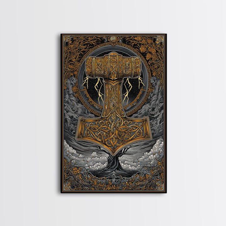Norse Mythology Mjolnir Hammer Artwork, Canvas Gold Art and Viking Canvas Art, framed in real wood, Nordic office and dad gift décor