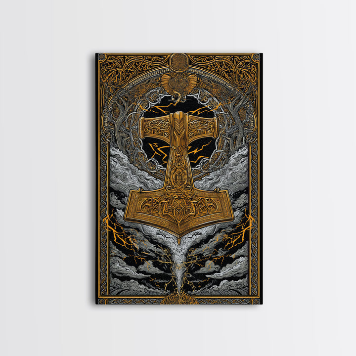 Viking Thor’s Hammer Mjolnir Wall Art, Canvas Gold Art and Canvas Art, Norse Mythology inspired office décor framed in solid wood