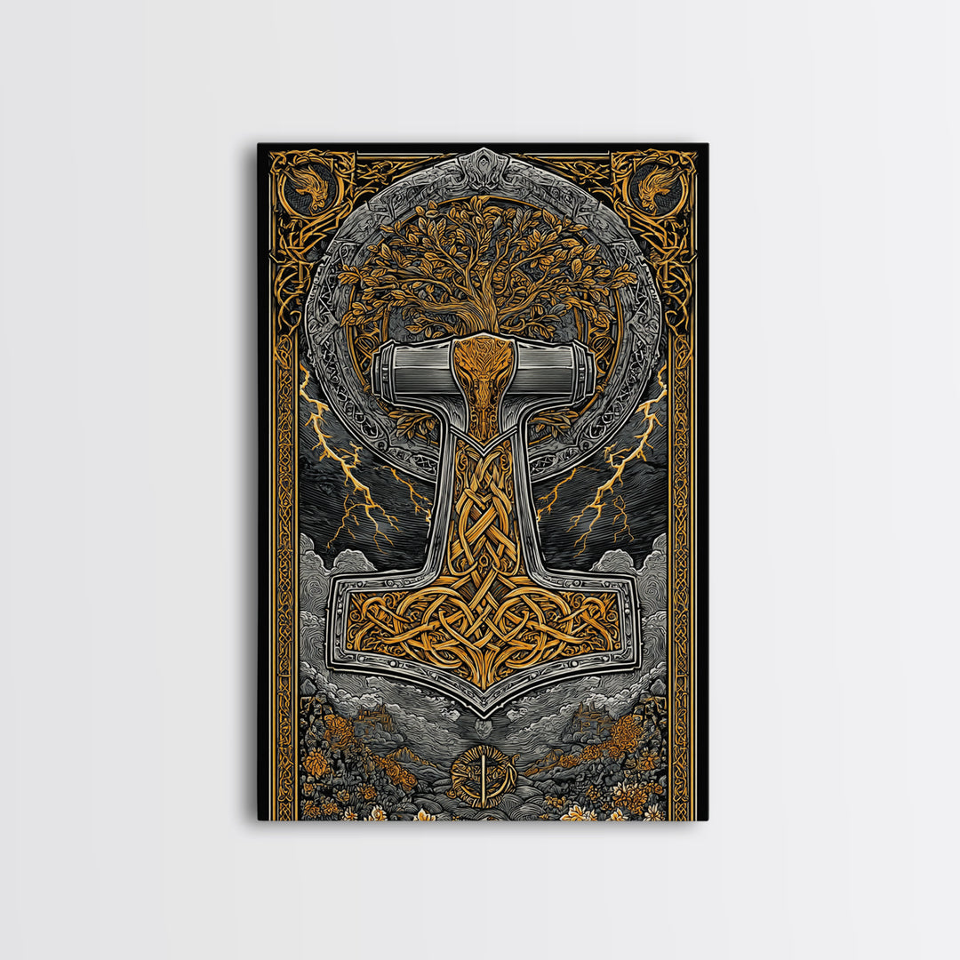 Canvas Gold Art featuring Mjolnir, Thor’s Hammer of Norse Mythology, Viking Canvas Art framed in natural wood for man cave or office