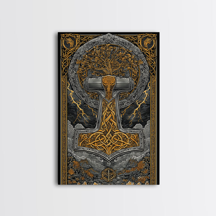 Canvas Gold Art featuring Mjolnir, Thor’s Hammer of Norse Mythology, Viking Canvas Art framed in natural wood for man cave or office