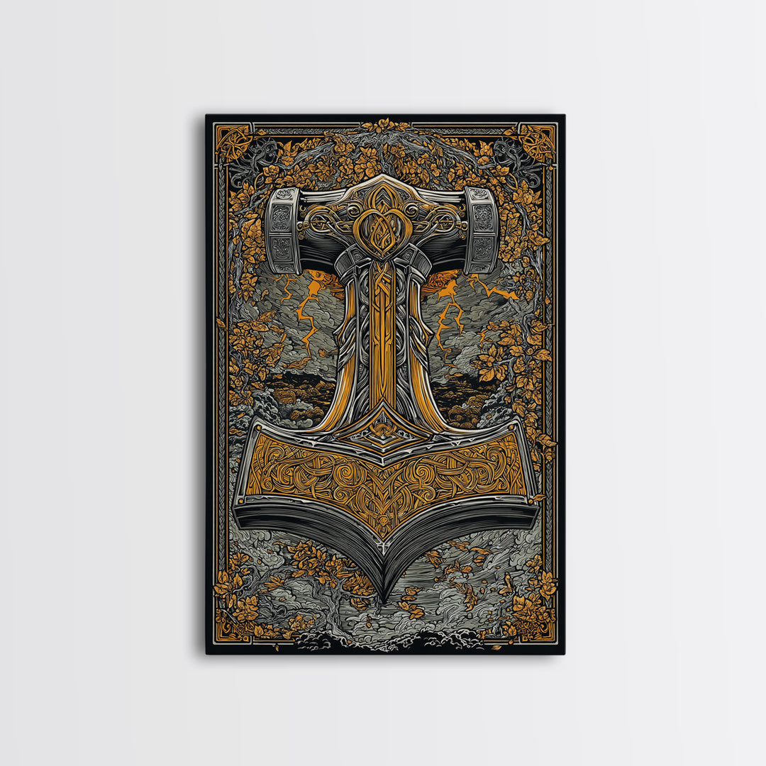 Norse Viking Wall Art of Mjolnir Hammer, Canvas Gold Art and Canvas Art, mythology-inspired décor framed in real wood for dad gift