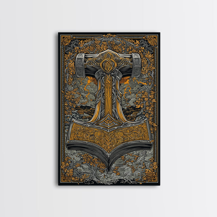 Norse Viking Wall Art of Mjolnir Hammer, Canvas Gold Art and Canvas Art, mythology-inspired décor framed in real wood for dad gift