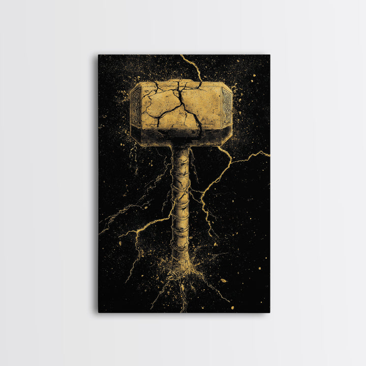 Thor’s Mjolnir Canvas Gold Art, Viking Canvas Art from Norse Mythology, framed in real wood, striking office wall art and man cave gift