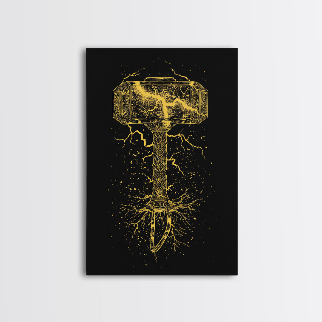 Mjolnir Thor’s Hammer Canvas Gold Art Canvas Art | Norse Viking Mythology Wall Decor | Office or Man Cave framed in wood