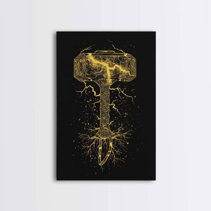 Mjolnir Thor’s Hammer Canvas Gold Art Canvas Art | Norse Viking Mythology Wall Decor | Office or Man Cave framed in wood