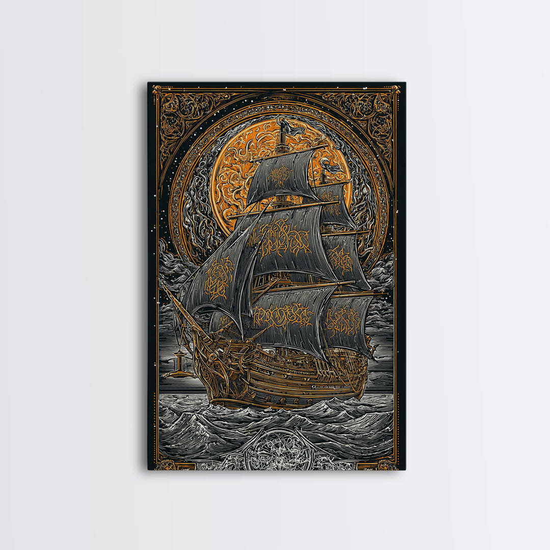 Viking Naglfar Ship Wall Art, Canvas Gold Art and Norse Canvas Art, Nordic Mythology scene framed in real wood for office or dad décor
