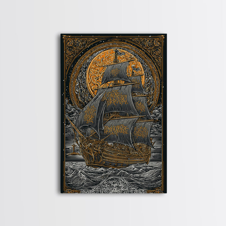 Viking Naglfar Ship Wall Art, Canvas Gold Art and Norse Canvas Art, Nordic Mythology scene framed in real wood for office or dad décor