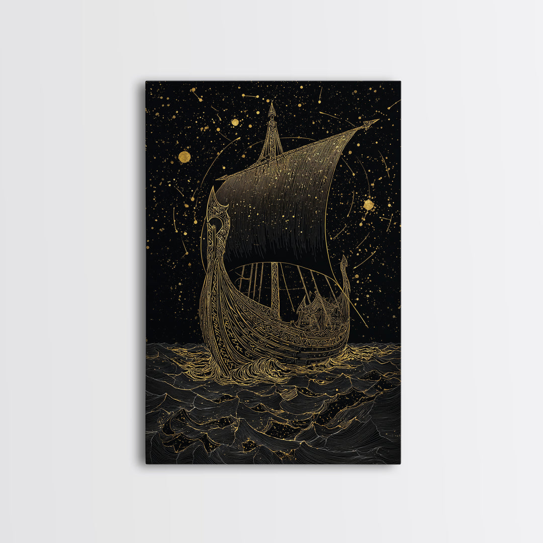 Norse Naglfar Viking Ship Artwork, Canvas Gold Art and Canvas Art, Nordic Mythology wall décor framed in real wood, unique dad gift