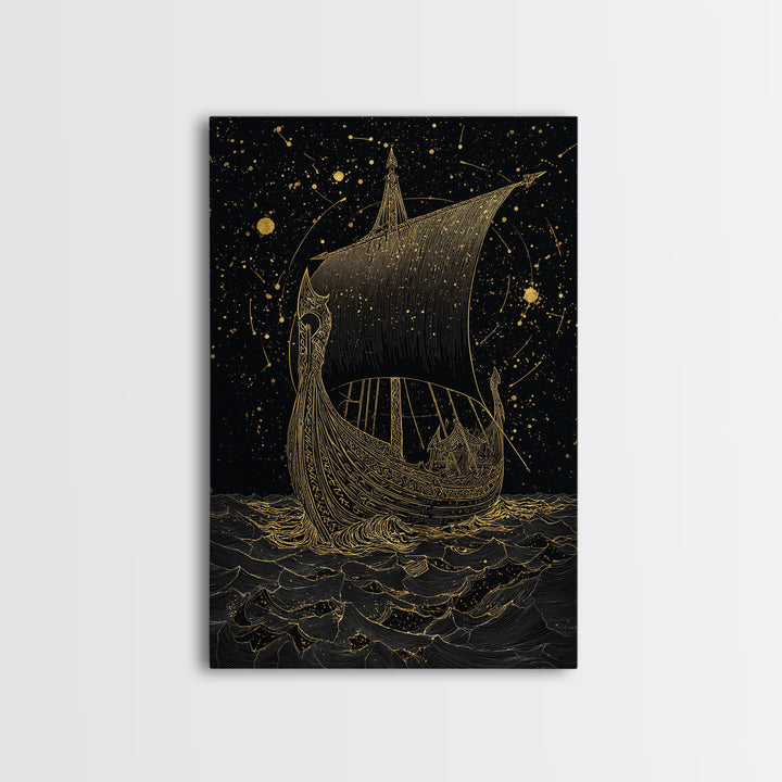 Norse Naglfar Viking Ship Artwork, Canvas Gold Art and Canvas Art, Nordic Mythology wall décor framed in real wood, unique dad gift