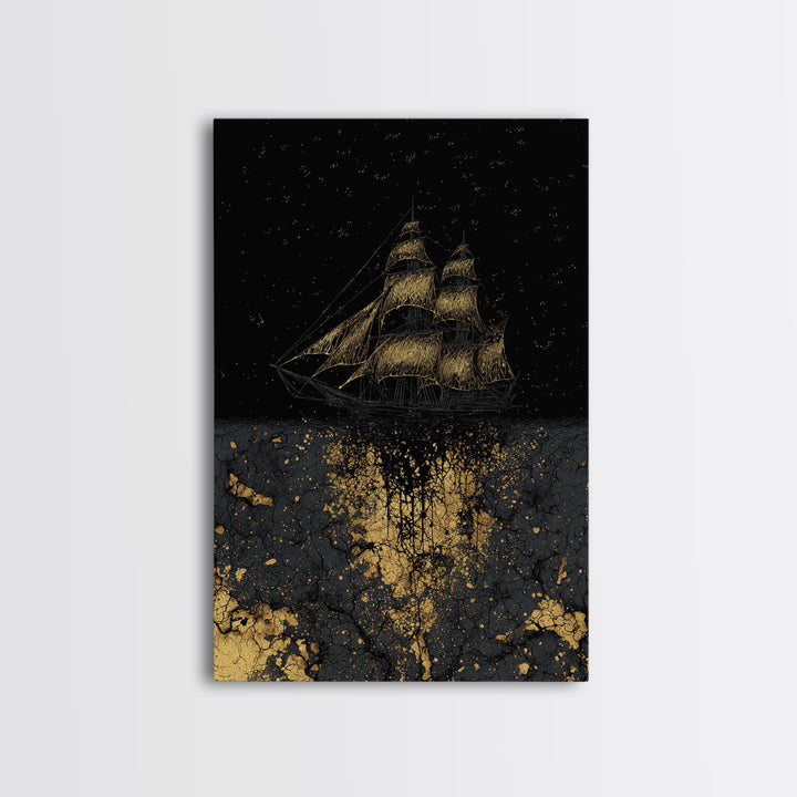 Canvas Gold Art of the Ship Naglfar, Viking Mythology Canvas Art, Norse legend inspired décor framed in natural wood for man cave wall