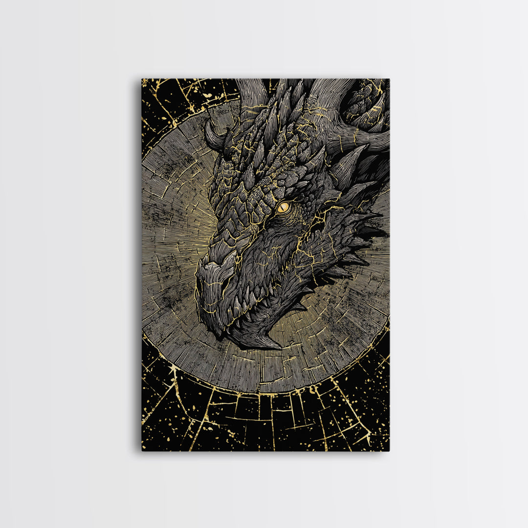 Canvas Gold Art of Nidhogg Dragon Head, Norse Mythology Canvas Art for Man Cave or Office, Viking Wall Decor framed in natural wood