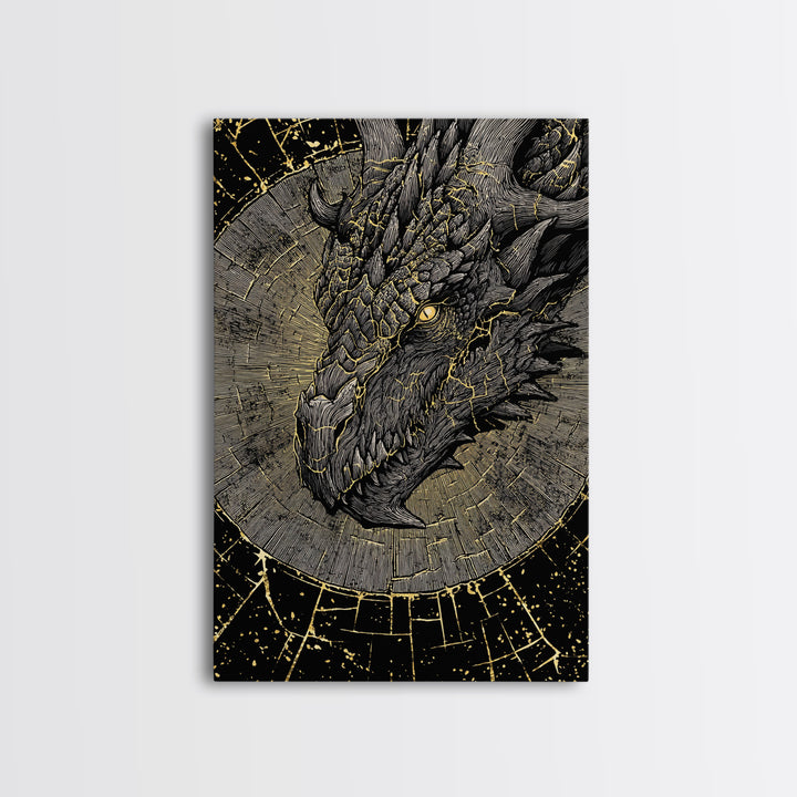 Canvas Gold Art of Nidhogg Dragon Head, Norse Mythology Canvas Art for Man Cave or Office, Viking Wall Decor framed in natural wood