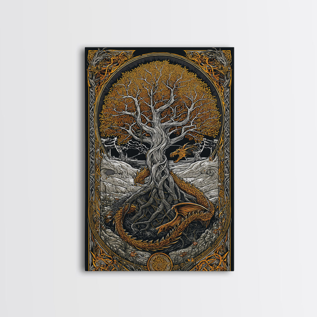 Yggdrasil World Tree Canvas Gold Art, Norse Mythology Canvas Art with Nidhogg Dragon, Viking Wall Decor framed in Real Wood