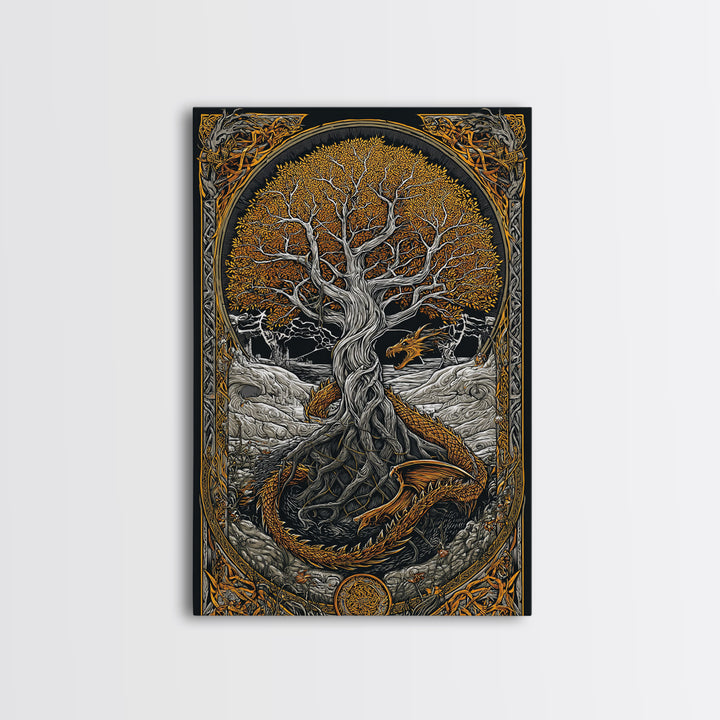 Yggdrasil World Tree Canvas Gold Art, Norse Mythology Canvas Art with Nidhogg Dragon, Viking Wall Decor framed in Real Wood