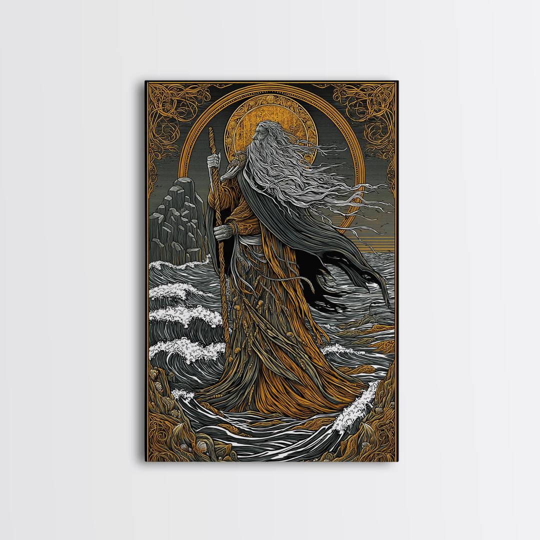 Nordic God Njord Canvas Gold Art, Ocean Deity Norse Mythology Canvas Art for Office Wall or Dad Gift, framed with natural wood