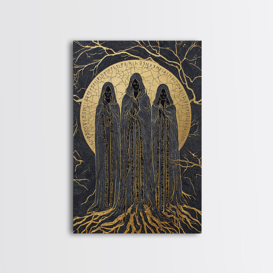Viking Norns Canvas Gold Art, Nordic Mythology Canvas Art of Fate Goddesses and Runes, Norse Decor framed with natural wood frame