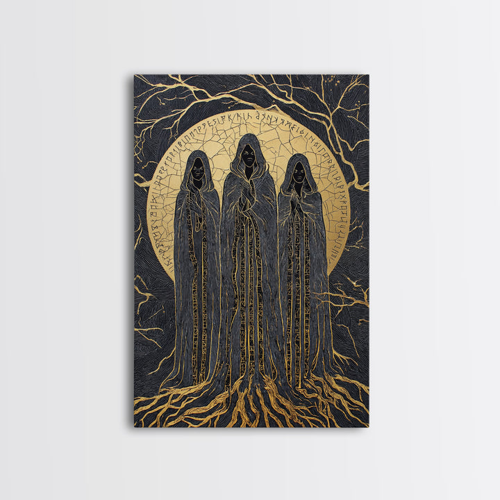 Viking Norns Canvas Gold Art, Nordic Mythology Canvas Art of Fate Goddesses and Runes, Norse Decor framed with natural wood frame