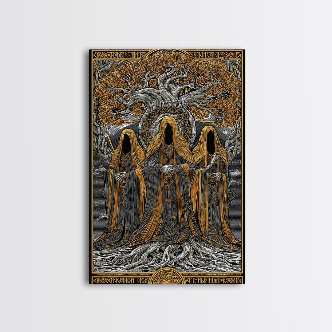 Norns of Yggdrasil Canvas Gold Art, Nordic Mythology Canvas Art featuring Fate and Destiny, Viking Wall Art framed in real wood